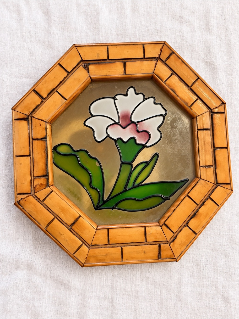 Vintage Octagonal Wood Jewelry Box Floral Stained Glass Lid 6.5” Cottagecore